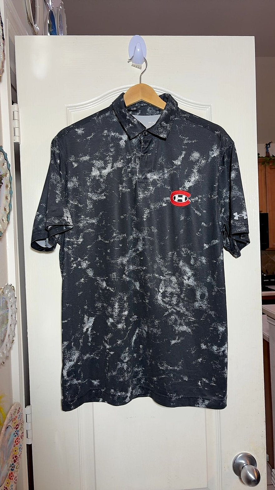 Under Armour HeatGear Loose Fit Golf Polo with Montreal Canadiens 'C' Crest, Black/Gray Marble Print, Men's Medium