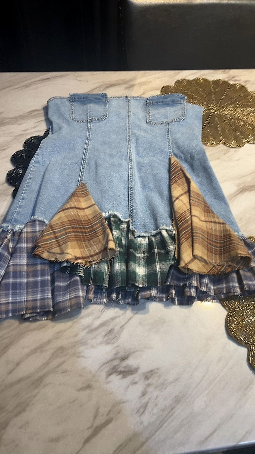 Upcycled Denim & Plaid Patchwork Asymmetrical Mini Skirt