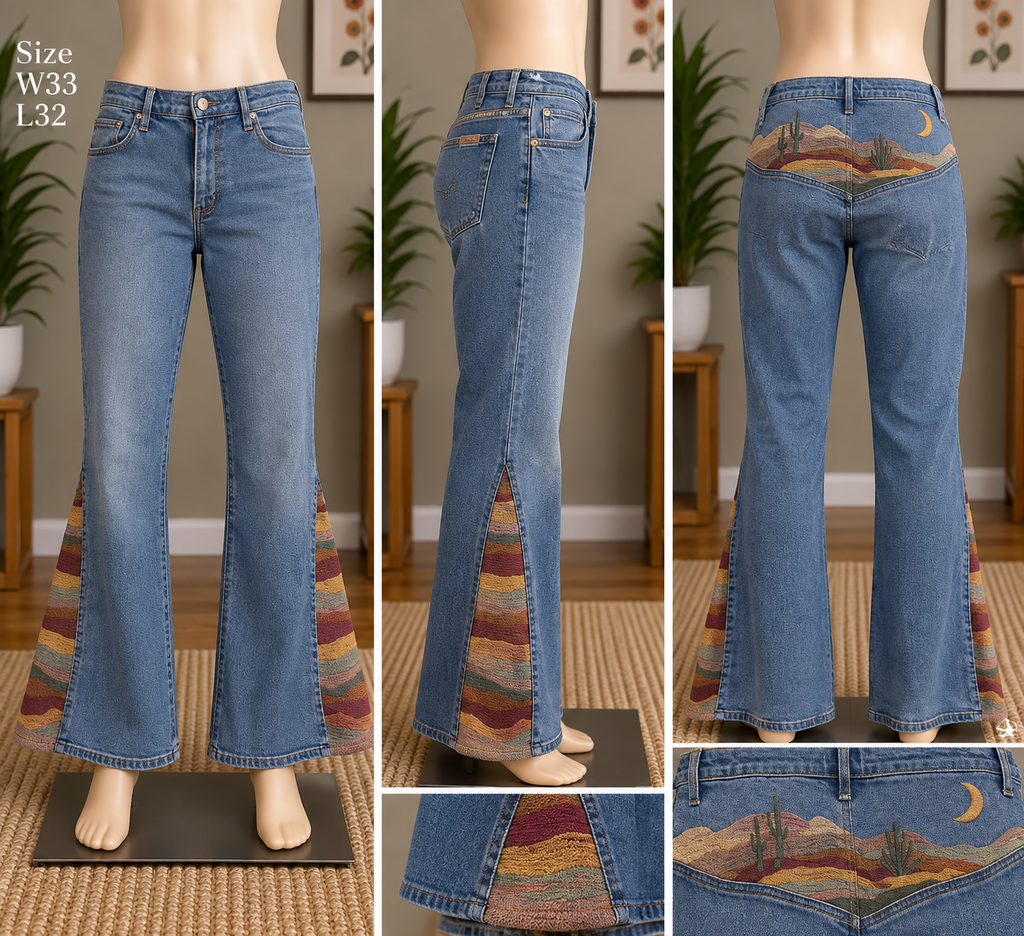 Driftwood Farrah Flare Jeans with Embroidered Desert Landscape Yoke and Southwest Striped Godet Inserts, W33 L32