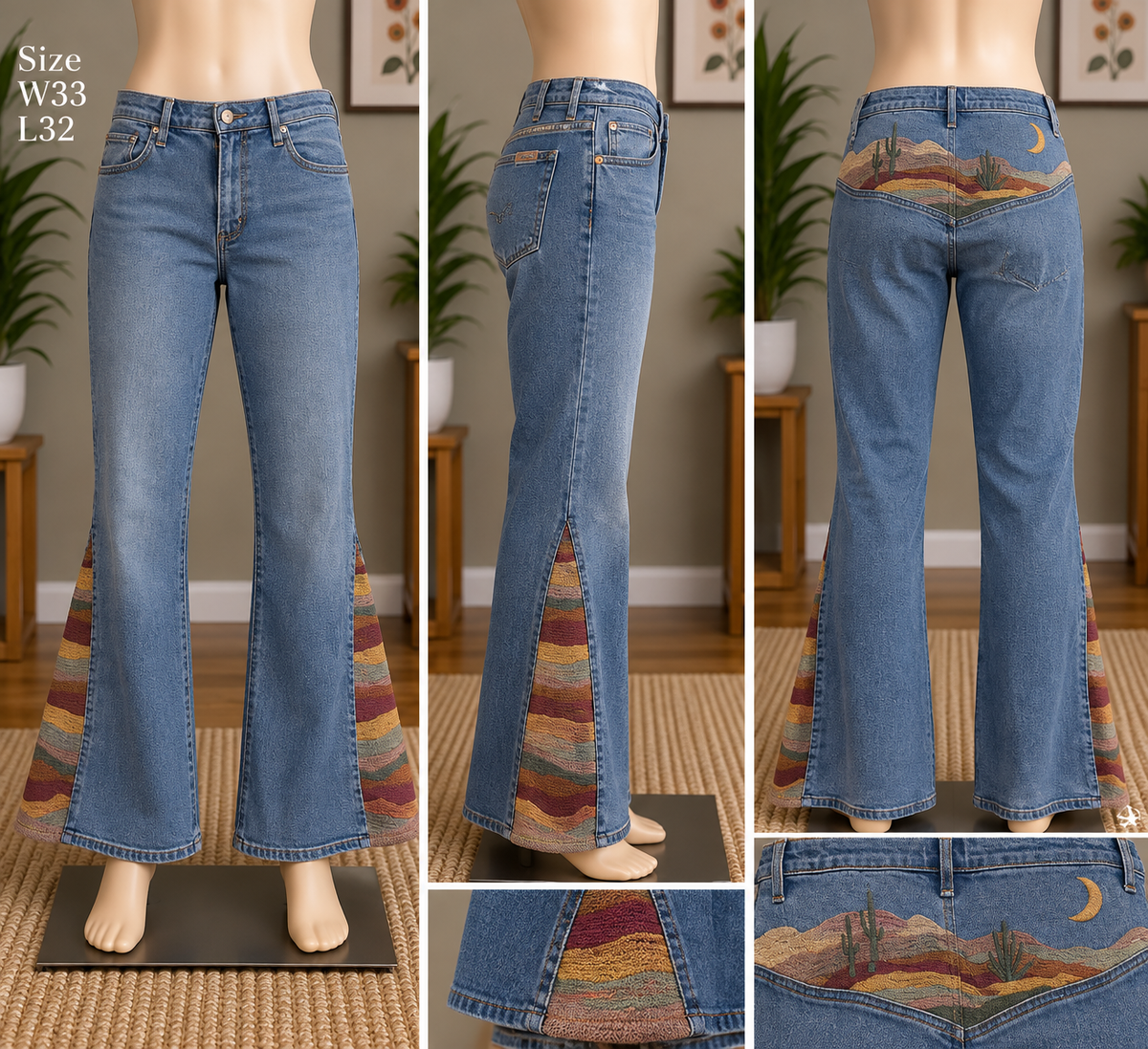 Driftwood Farrah Flare Jeans with Embroidered Desert Landscape Yoke and Southwest Striped Godet Inserts, W33 L32
