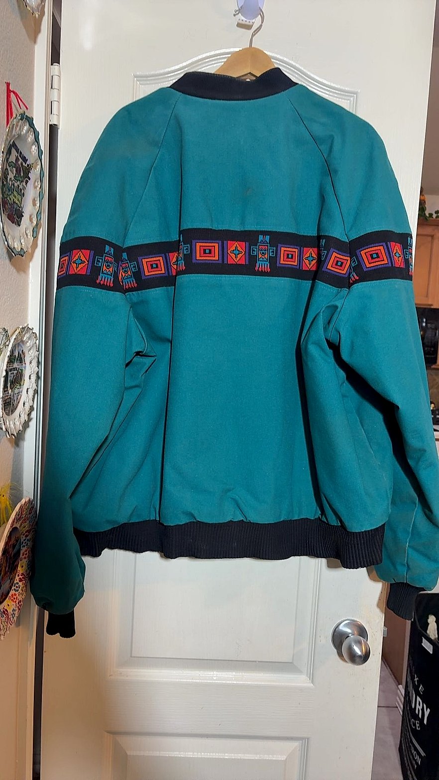 Vintage 1990s David James Southwestern Aztec Print Bomber Jacket, Teal, Size XL
