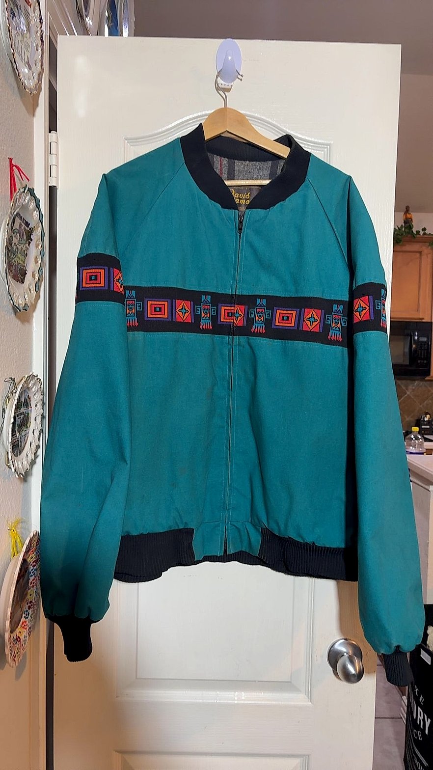 Vintage 1990s David James Southwestern Aztec Print Bomber Jacket, Teal, Size XL