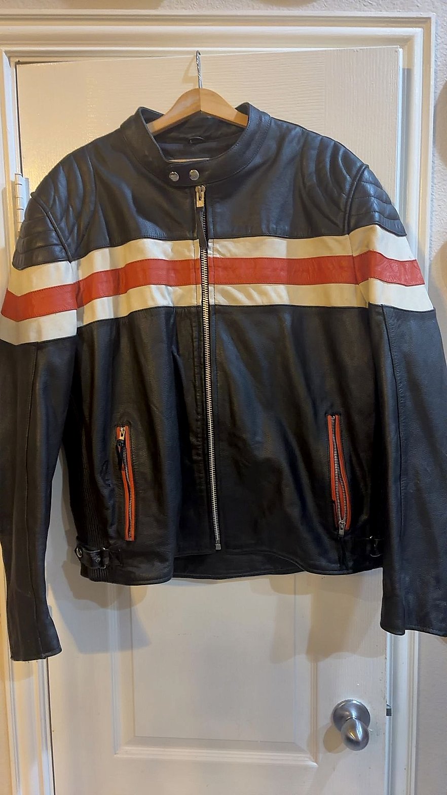 Vintage Cafe Racer Motorcycle Jacket with Cream & Orange Racing Stripes