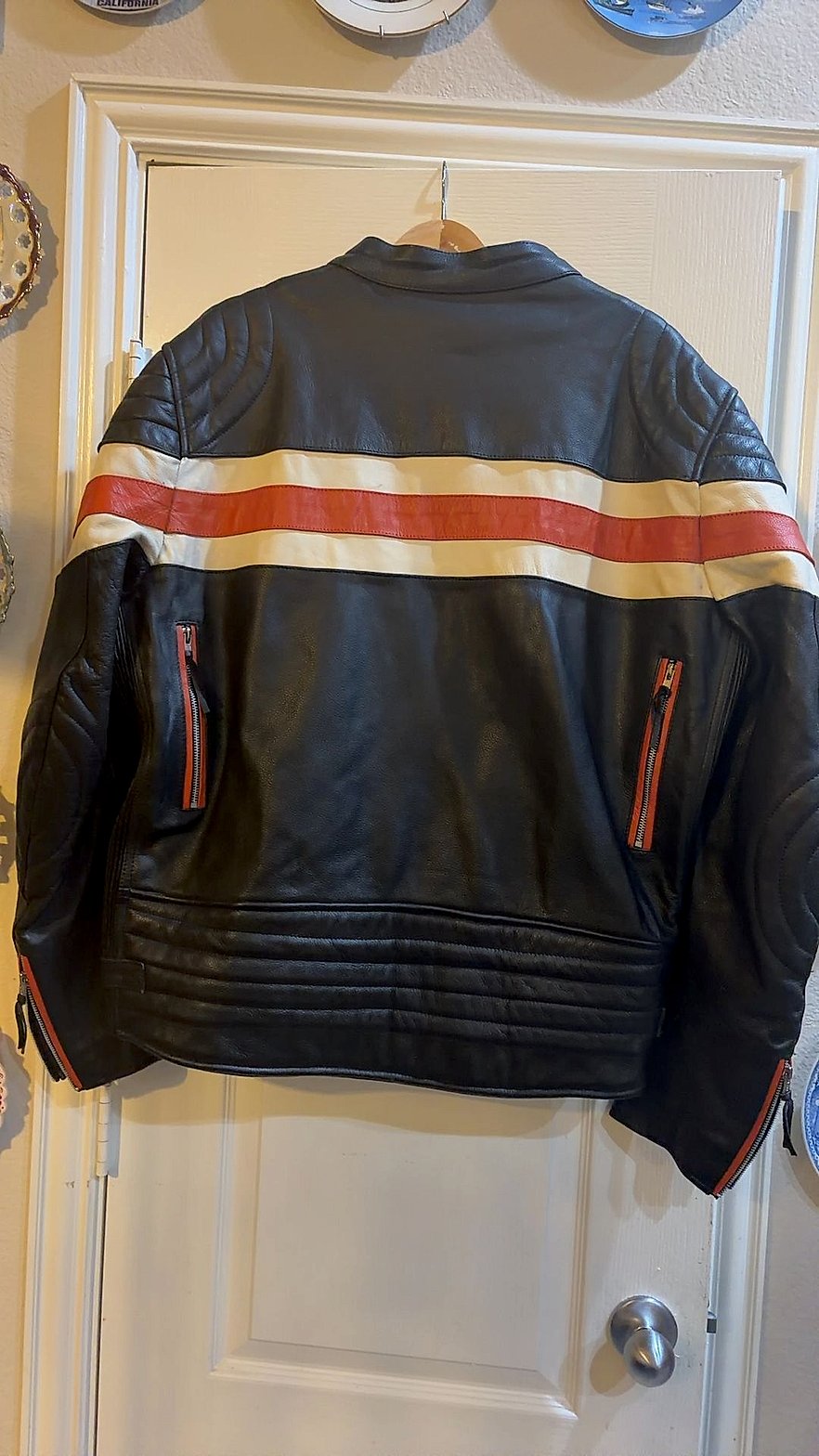 Vintage Cafe Racer Motorcycle Jacket with Cream & Orange Racing Stripes