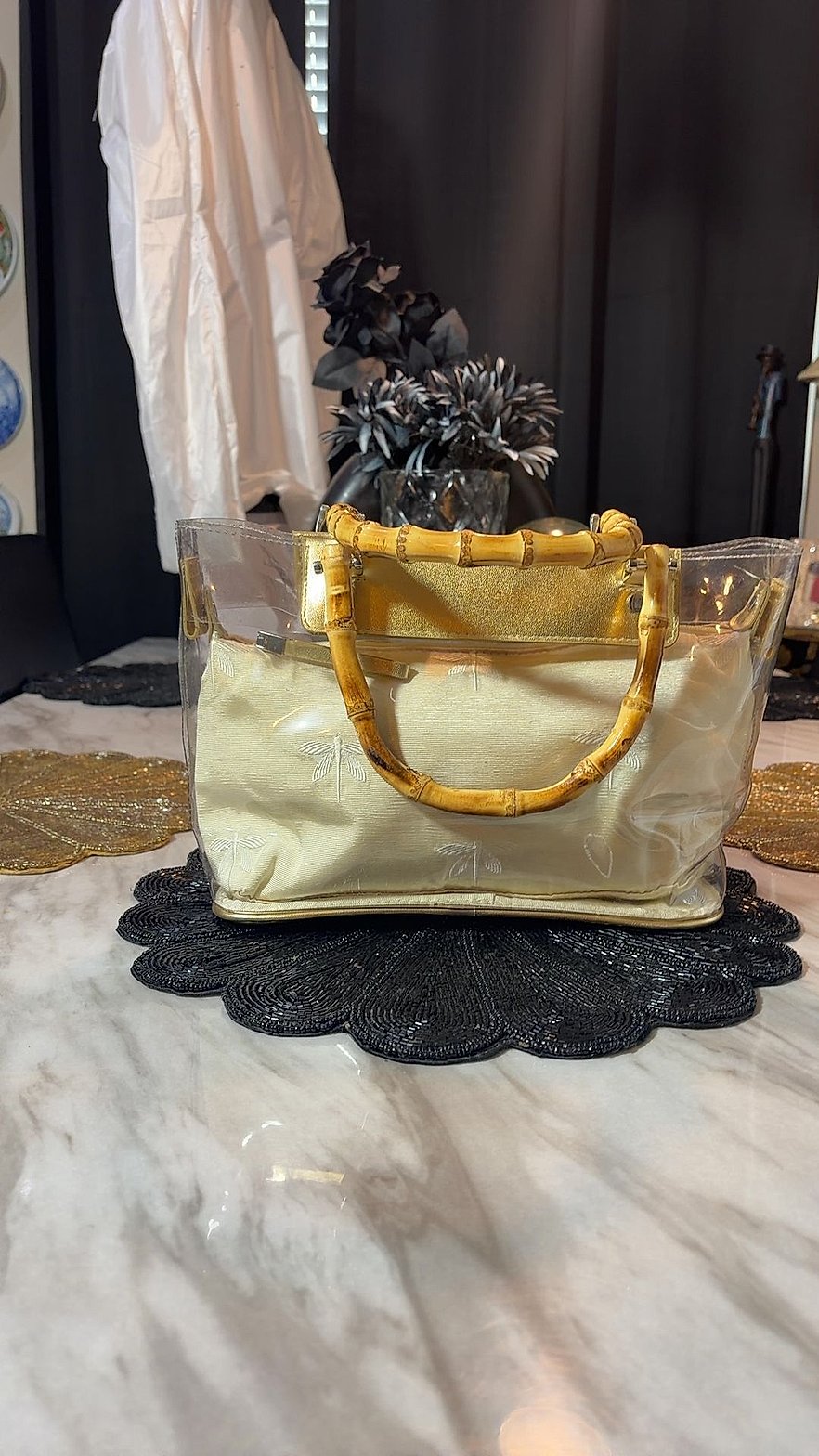 Vintage Clear PVC Tote Bag with Bamboo Handles and Gold Fabric Insert Pouch