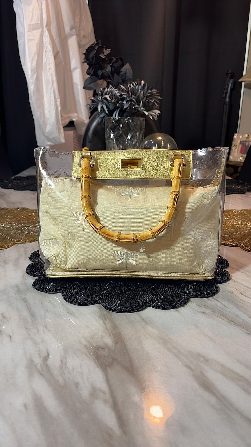 Vintage Clear PVC Tote Bag with Bamboo Handles and Gold Fabric Insert Pouch