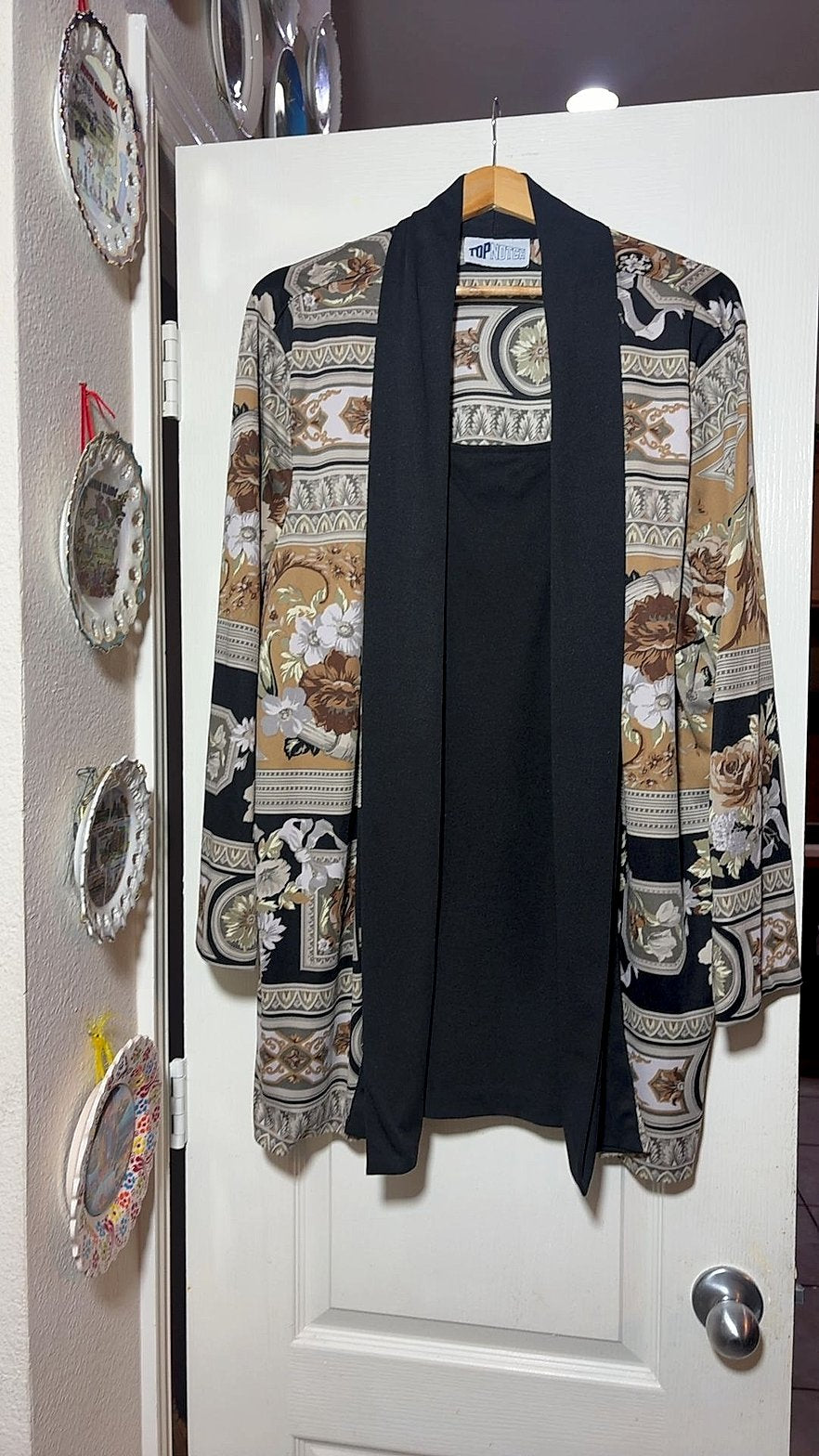 Vintage Top Notch Baroque Floral Print Open-Front Draped Cardigan Jacket