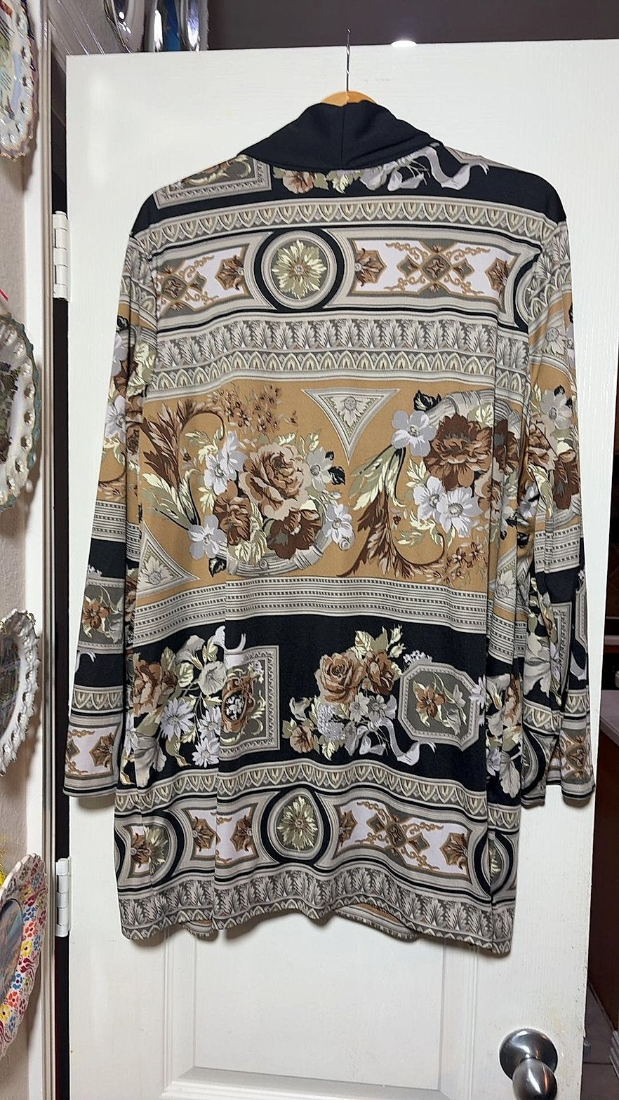 Vintage Top Notch Baroque Floral Print Open-Front Draped Cardigan Jacket