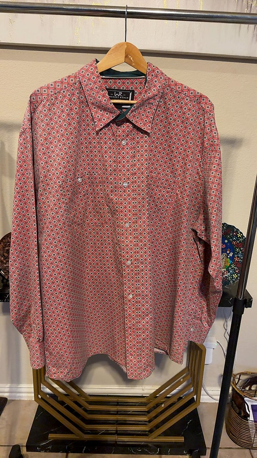 Whiskey Ranch Men's Long-Sleeve Western Snap Shirt, Coral Geometric Foulard Print, Size XXL