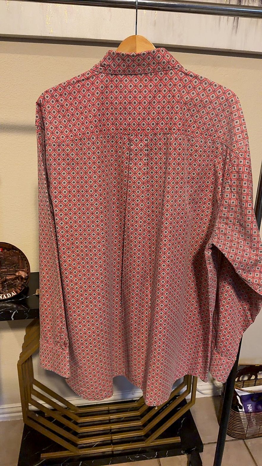 Whiskey Ranch Men's Long-Sleeve Western Snap Shirt, Coral Geometric Foulard Print, Size XXL