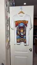 White Graphic T-Shirt with Lion in BMC Cap, 'Mindset Matters Most Hustle' Front Print and 'Mentality Matters Most' Sleeve Print, Size XL