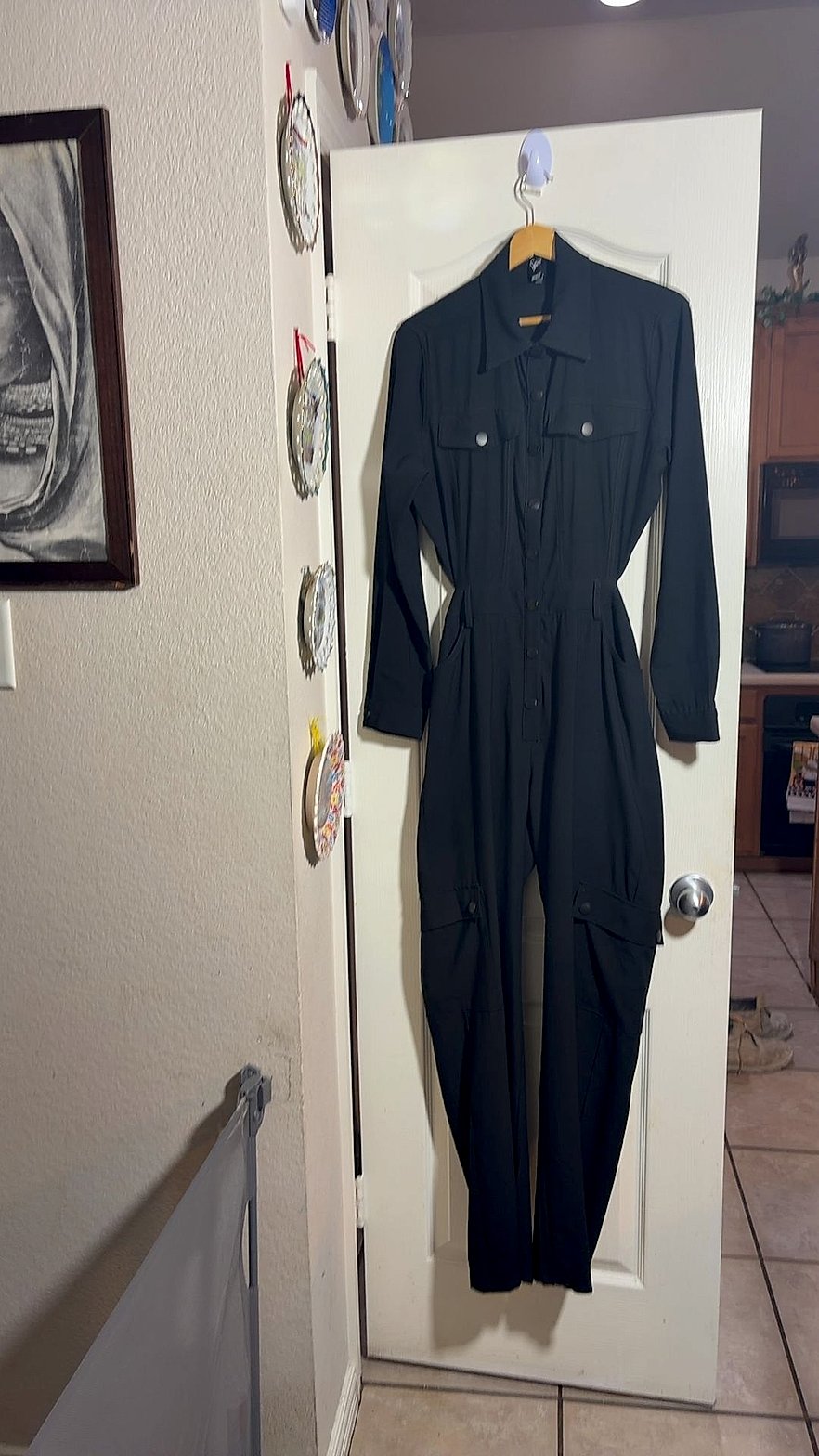 Windsor Black Long-Sleeve Utility Jumpsuit with Cargo Pockets