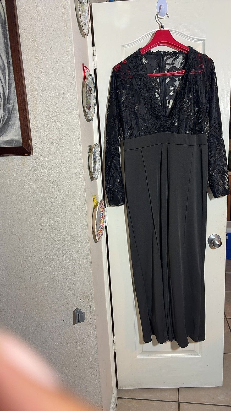 Women's Black Lace Long Sleeve V-Neck Wide Leg Jumpsuit, Size 2XL