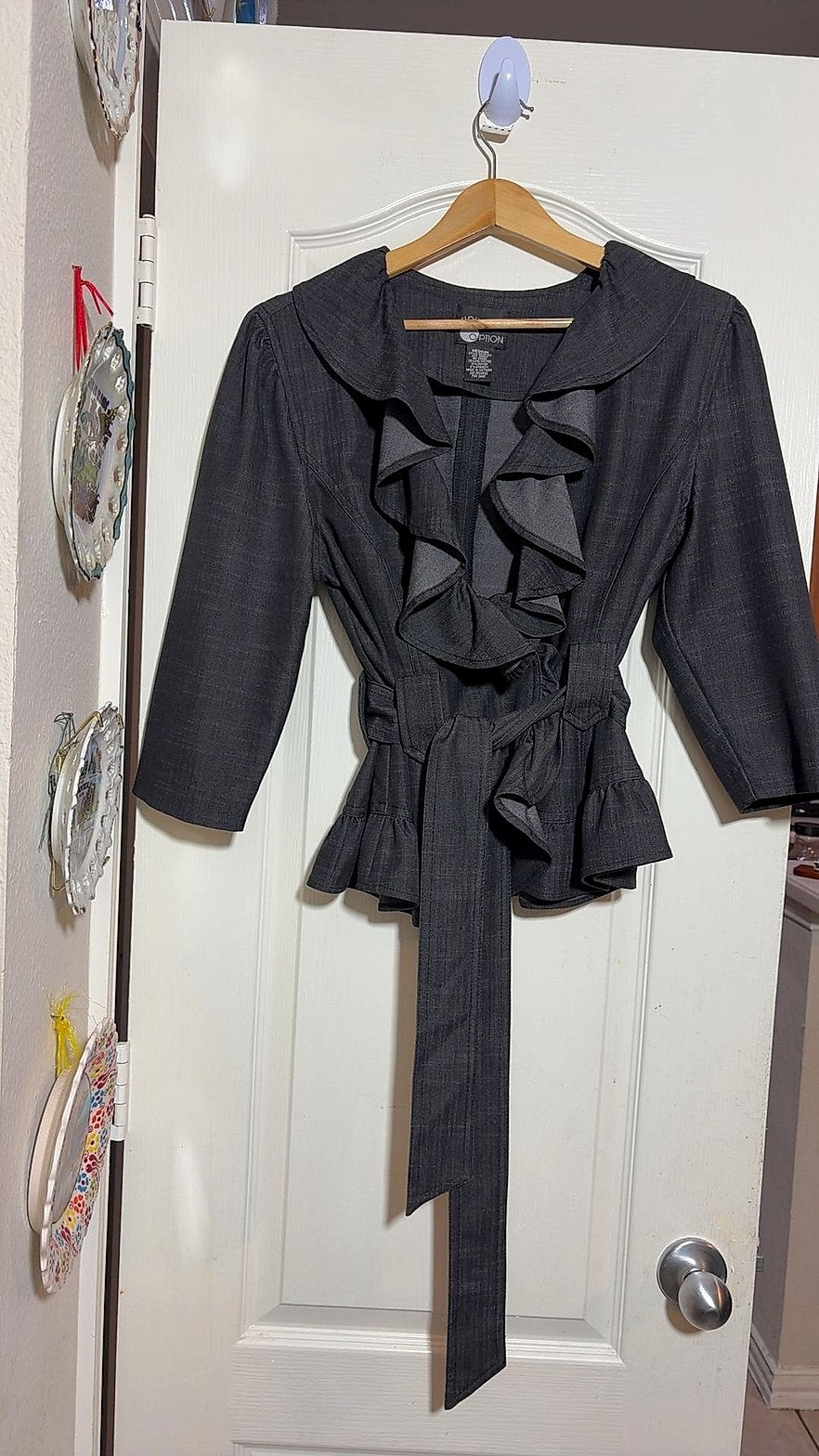 Women's Chambray Denim Ruffle-Front Peplum Jacket & Skirt Two-Piece Set