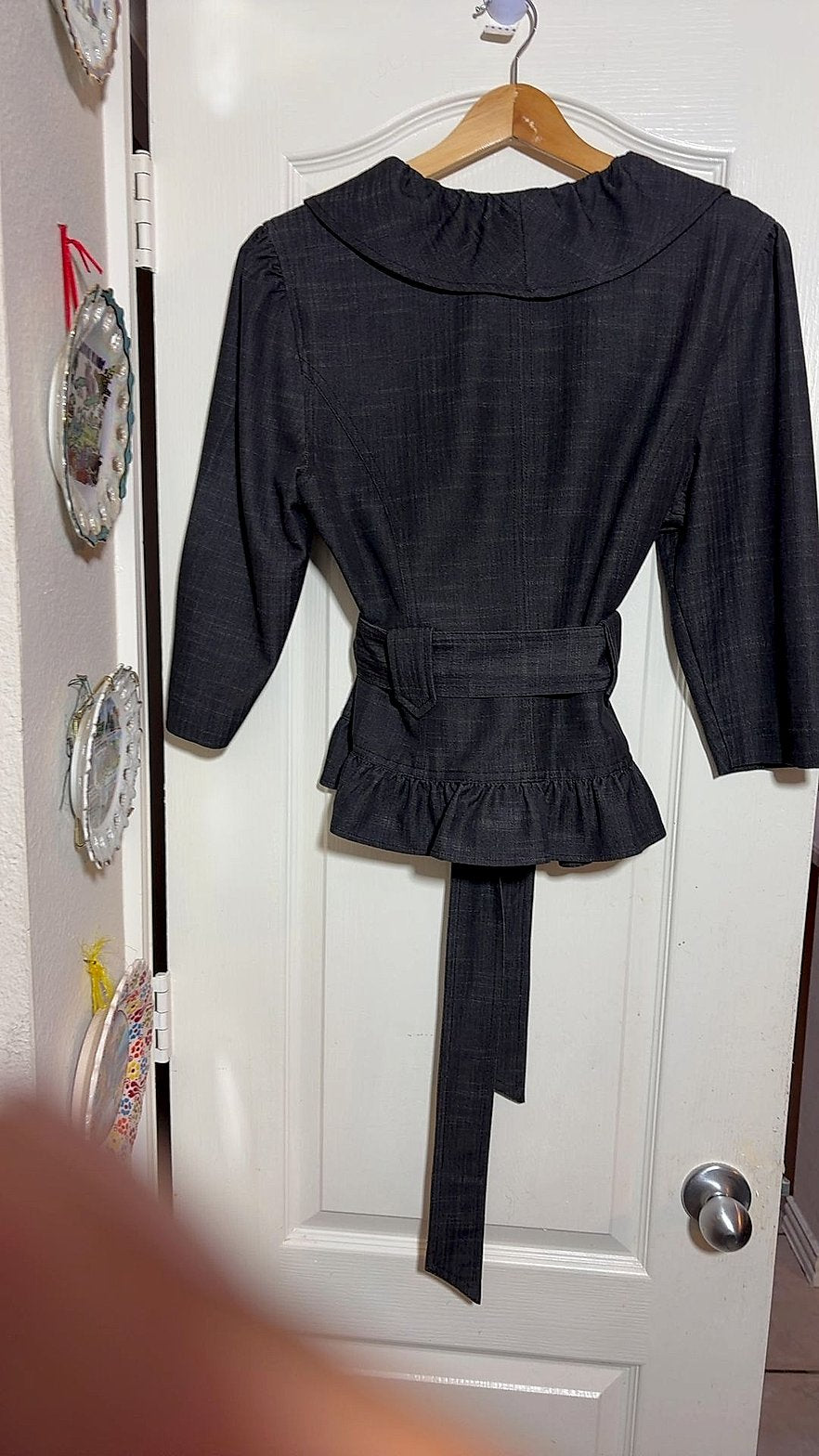 Women's Chambray Denim Ruffle-Front Peplum Jacket & Skirt Two-Piece Set