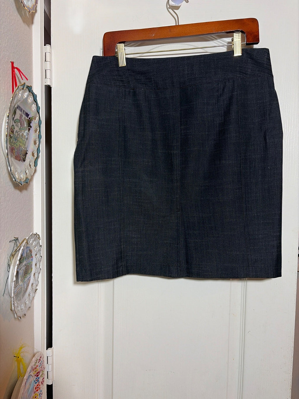 Women's Chambray Denim Ruffle-Front Peplum Jacket & Skirt Two-Piece Set