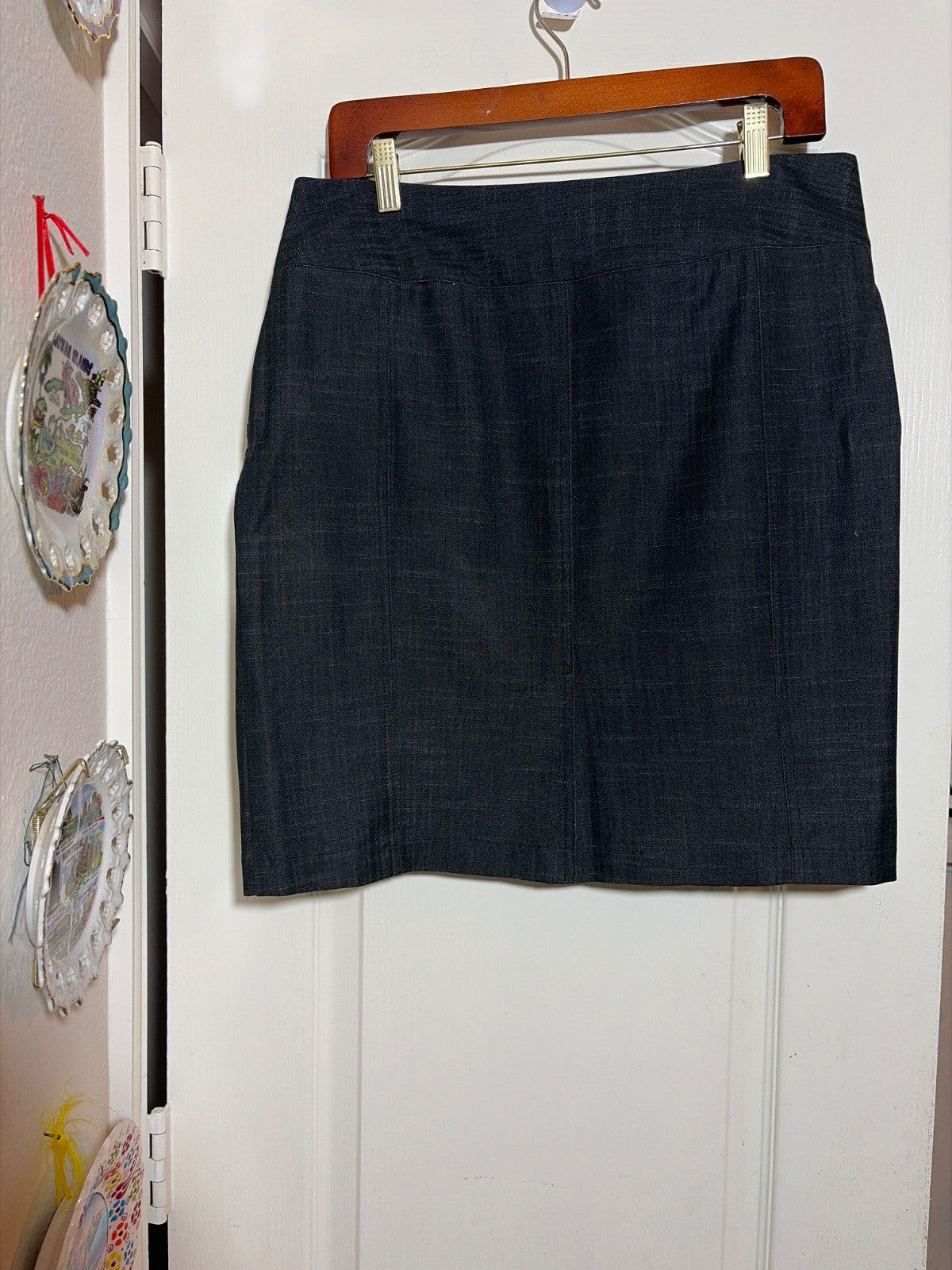 Women's Chambray Denim Ruffle-Front Peplum Jacket & Skirt Two-Piece Set