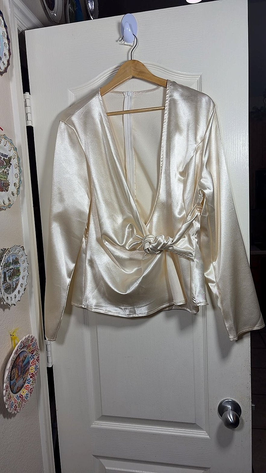 Women's Ivory Satin Two-Piece Set: Deep V Wrap Top with Knot Twist Waist and Elastic-Waist Wide-Leg Pants
