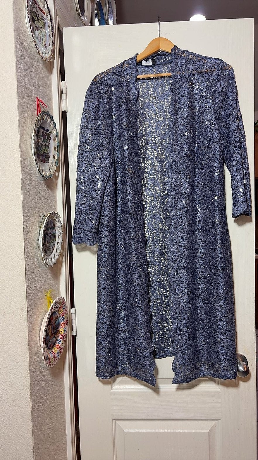 R&M Richards Navy Blue Sequin Lace Open-Front Duster Cardigan, Size 16