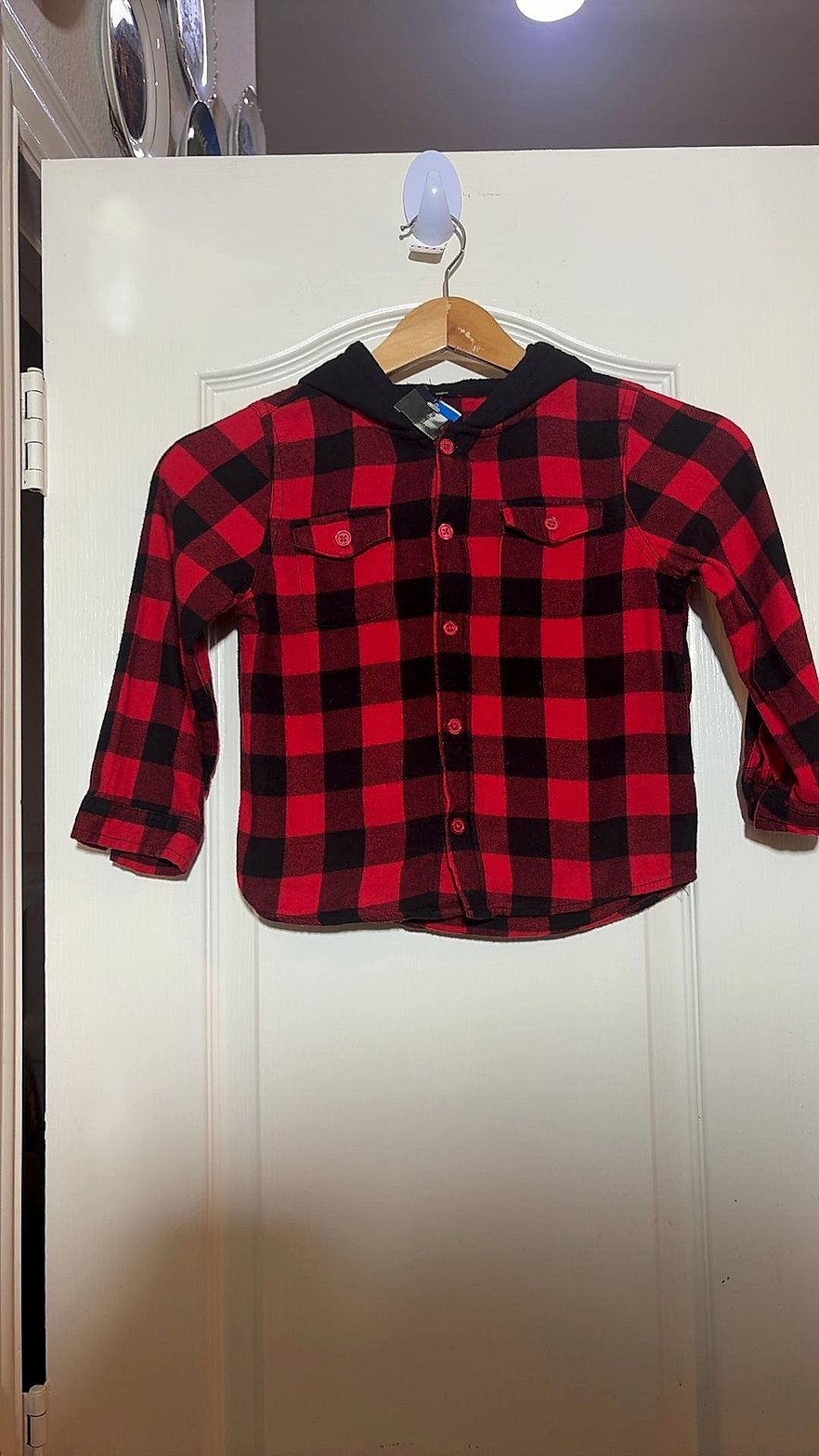 Wonder Nation Toddler Boys Red & Black Buffalo Plaid Hooded Flannel Shirt, Size 5T