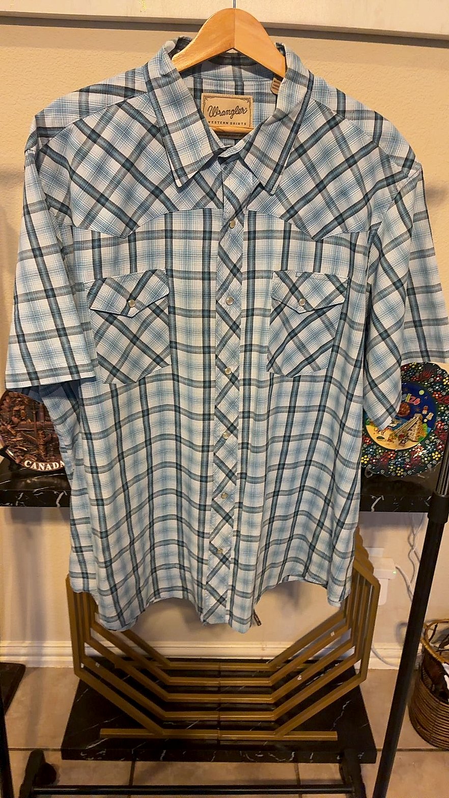 Wrangler Western Shirt Men's Short Sleeve Blue Plaid Pearl Snap