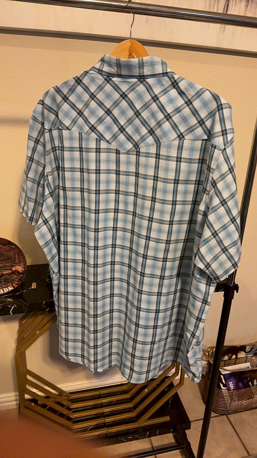 Wrangler Western Shirt Men's Short Sleeve Blue Plaid Pearl Snap