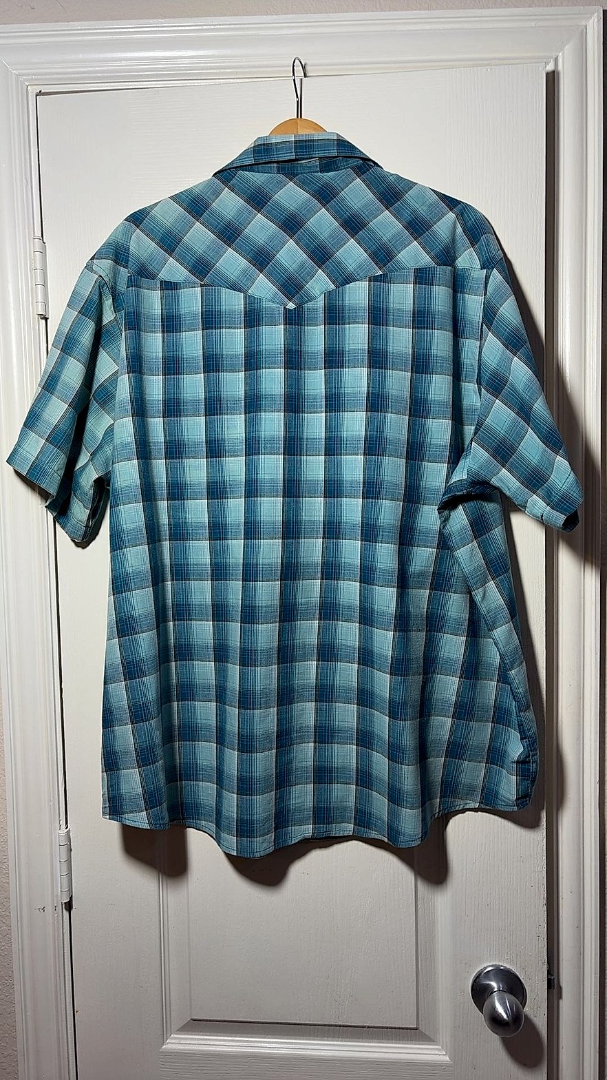 Wrangler Western Shirts Men's Short Sleeve Pearl Snap Plaid Shirt, Teal/Blue