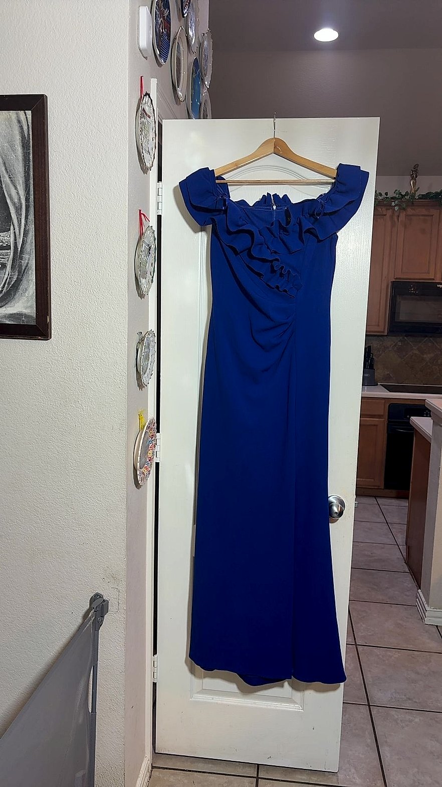 Xscape Royal Blue Off-the-Shoulder Ruffle Evening Gown, Size 14