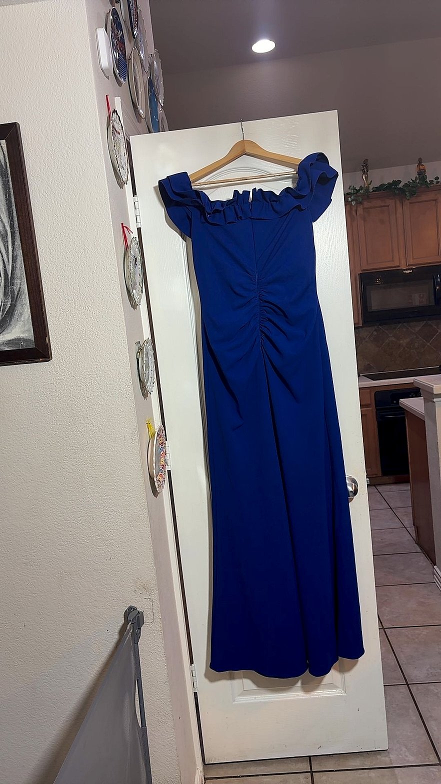 Xscape Royal Blue Off-the-Shoulder Ruffle Evening Gown, Size 14