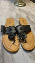 Y-Not? Black Whipstitch Rosette Thong Sandals, Women's Size 9