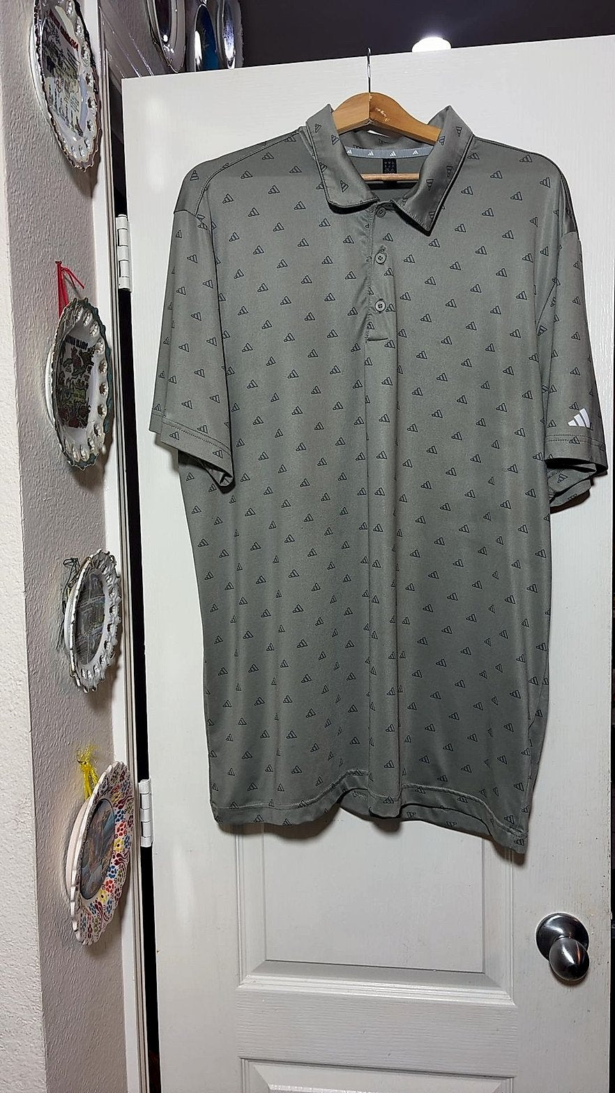 adidas Men's Golf Polo Shirt, Gray with Allover Logo Print, Size XL