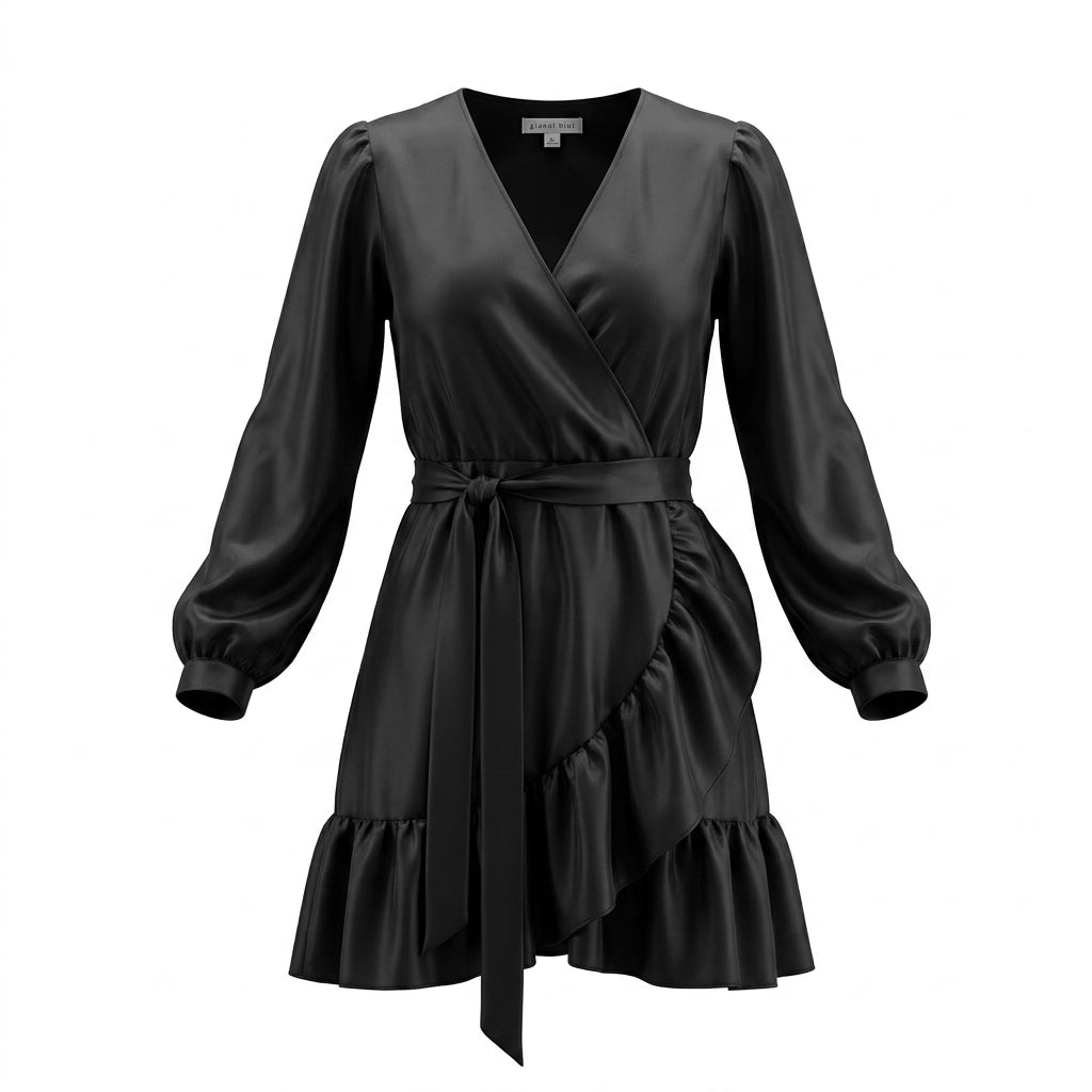 Gianni Bini Black Satin Long Sleeve Ruffle Wrap Mini Dress