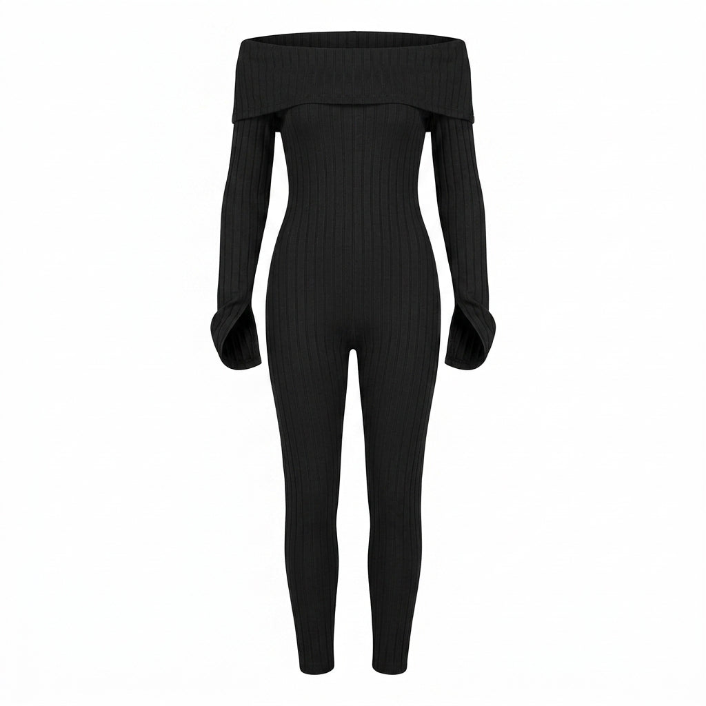 Black Ribbed Knit Off-Shoulder Long Sleeve Jumpsuit