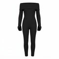 Black Ribbed Knit Off-Shoulder Long Sleeve Jumpsuit