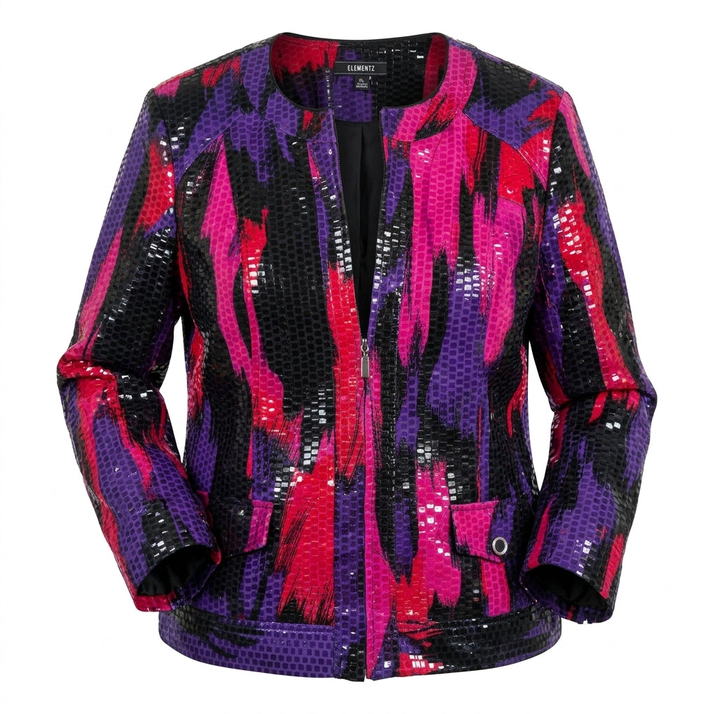 Elementz Sequined Zip-Up Evening Jacket Purple Pink Red Abstract Print