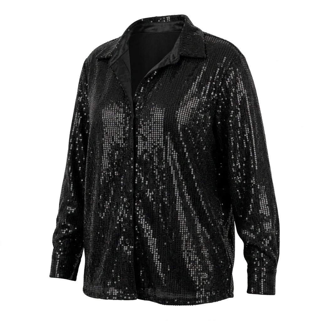 Black Sequin Long Sleeve Button-Down Shirt