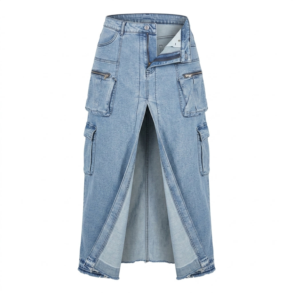 Highlight Denim Cargo Maxi Skirt with Front Slit