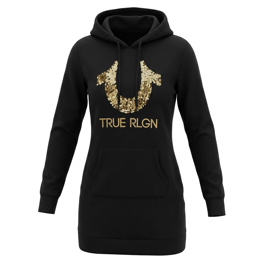 True Religion Sequin Horseshoe Logo Pullover Hoodie Dress Very Good