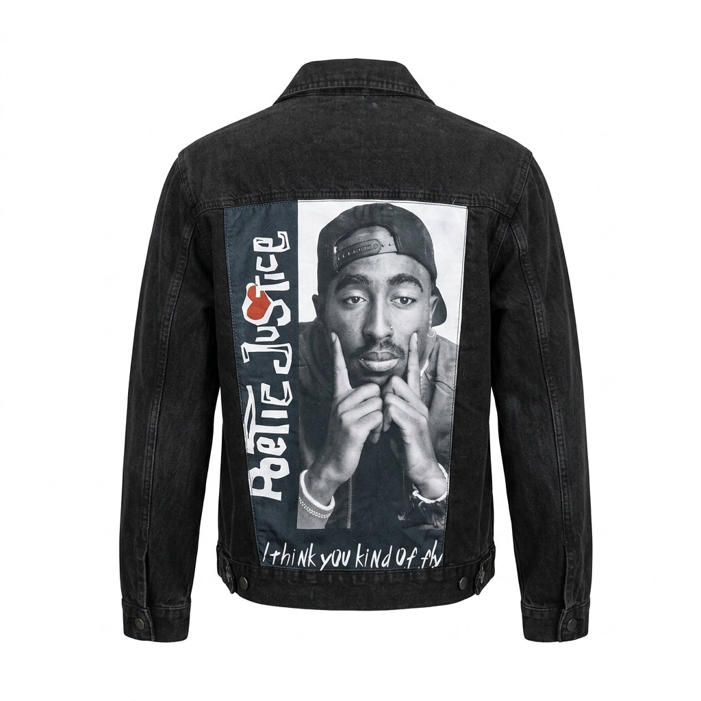 Custom Tupac "Poetic Justice" Graphic Patch Black Denim Trucker Jacket
