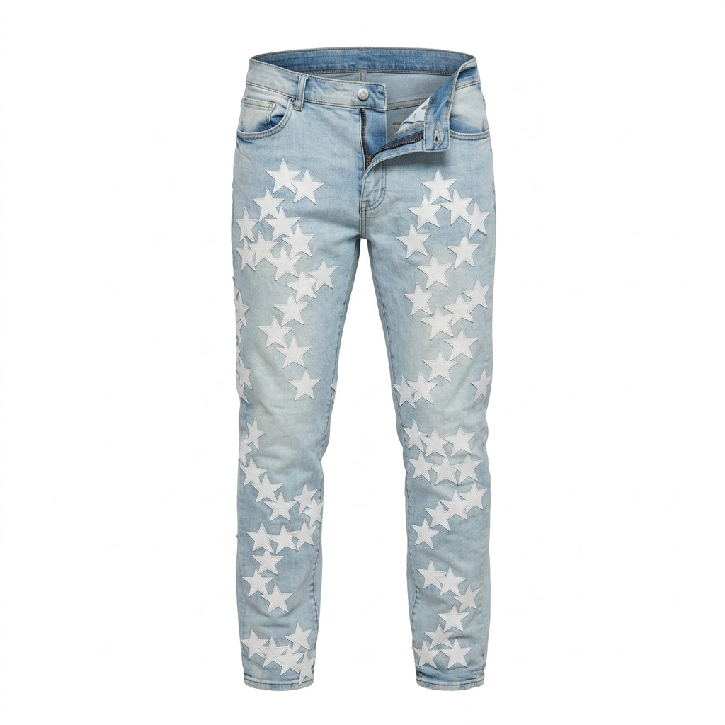 MNML Light Wash Star-Patch Skinny Jeans
