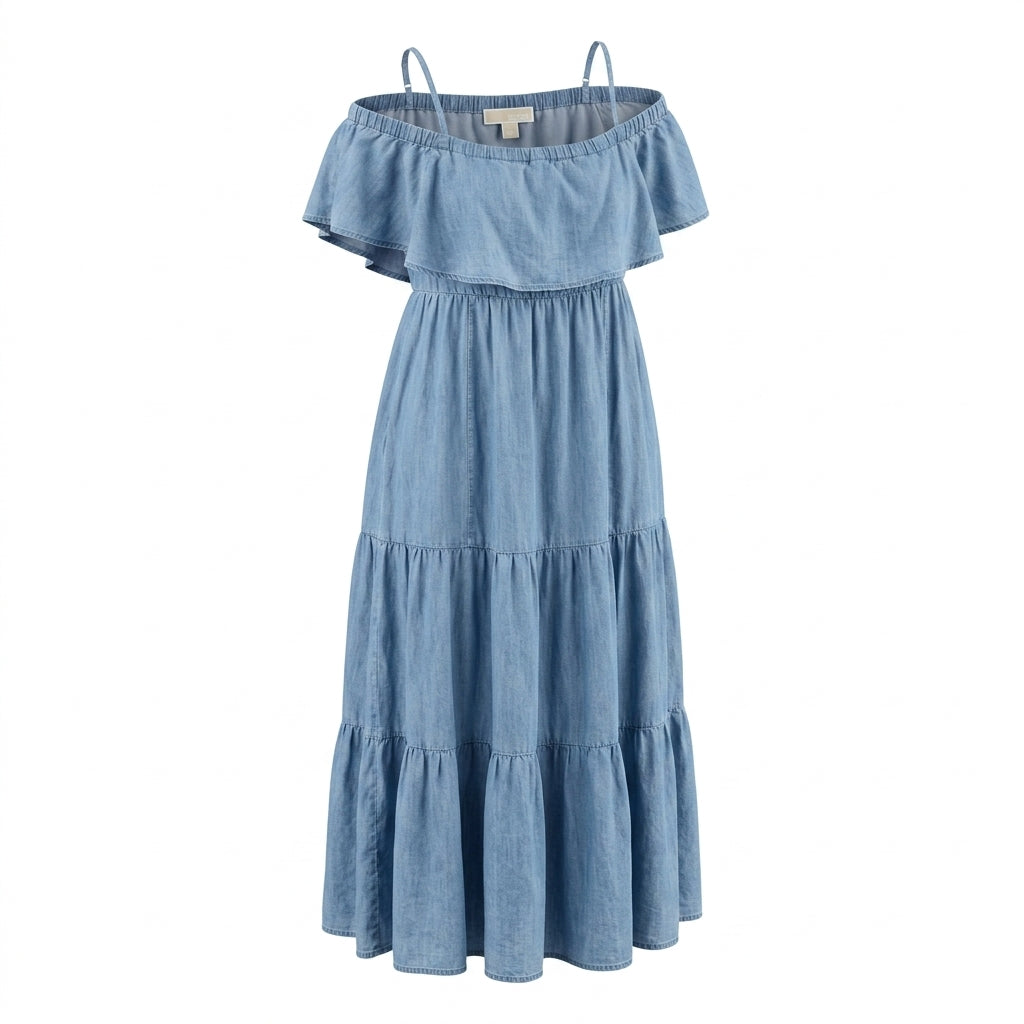 Michael Kors Off-Shoulder Tiered Chambray Maxi Dress Very Good